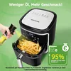 A hand spraying oil onto french fries in an air fryer, with promotional text and graphics. Produktbild-Vorschau