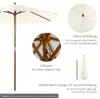 Collage of images showing details of a white patio umbrella with a wooden pole and frame. Produktbild-Vorschau