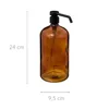 A brown glass dispenser with a black pump mechanism is shown against a white background, with dimensions indicated by lines and text. Produktbild-Vorschau