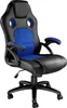 A black and blue ergonomic office chair with a white background.