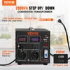 A VEVOR 2000VA step-up/down converter transformer is shown in a kitchen setting, with diagrams and text explaining its features and connections. Produktbild-Vorschau