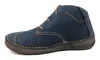 A side view of a single blue leather boot. Produktbild-Vorschau