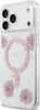 A clear, professional studio shot of an iPhone case with pink flowers and gold glitter embedded in clear resin. The case is shown from the back, highlighting the camera array and the decorative elements. Podgląd zdjęcia produktu