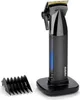 A black hair clipper with a charging stand and a comb attachment, set against a white background. Produktbild-Vorschau