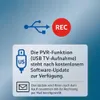 Marketing graphic showing a USB symbol connected to a REC symbol, with text explaining a PVR function and software update. Produktbild-Vorschau