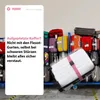 A white suitcase with a pink strap is tilted on its side in front of a wall of stacked luggage. A white panel on the left contains marketing text. Anteprima dell’immagine prodotto