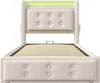 A beige upholstered bed frame with a tufted headboard and LED lighting. Produktbild-Vorschau