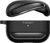 A top-down view of a black Spigen case for Apple AirPods Pro, with a carbon fiber accent. Produktbild-Vorschau