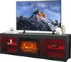 A TV stand with an electric fireplace and LED lighting, featuring a large television on top. Voir les images du produit