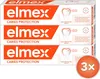 Three tubes of Elmex toothpaste stacked vertically, with illustrations of teeth and protective shields. Anteprima dell’immagine prodotto