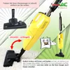 Collage showing a yellow vacuum cleaner and its attachments, with German text overlays. Produktbild-Vorschau