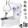 A white electric sewing machine with purple accents is shown on a white background, along with its accessories. Produktbild-Vorschau