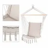 A cream-colored hammock chair with tassels and a wooden spreader bar, shown against a white background. Close-up insets highlight the stitching and tassel details. Produktbild-Vorschau