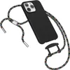 A black iPhone case with a colorful braided lanyard is shown against a white background. Produktbild-Vorschau