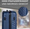 Close-up of a blue suitcase with marketing text overlays and a magnified view of its texture. Produktbild-Vorschau