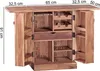 A wooden bar cabinet with its doors open, showing internal compartments and dimensions. Produktbild-Vorschau