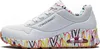 A side view of a white Skechers sneaker with a colorful heart pattern on the sole. Náhled obrázku produktu