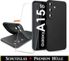 A product shot of a black phone case and screen protector for a Samsung Galaxy A15 5G. Produktbild-Vorschau