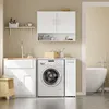SoBuy Waschmaschinenunterschrank BZR229-W neben Waschmaschine und Waschtisch im modernen Raum Productafbeelding-voorbeeld