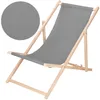 A grey fabric sling chair with a wooden frame, shown against a white background. A circular inset shows a close-up of the fabric texture. Produktbild-Vorschau