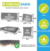 A collage of images showing sofa cushions with dimensions and features, along with a picture of a sectional sofa on a wooden pallet base. Náhľad obrázku produktu