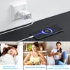 Collage showing a USB-C charger plugged into a wall, a phone charging, a woman sleeping, a woman eating breakfast, and a woman using her phone. Produktbild-Vorschau