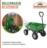 A green garden cart with a black handle and silver wheels, shown from two angles. The cart is on a grassy surface with a wooden fence in the background in one inset image. Text and a logo are present. Produktbild-Vorschau