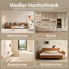 A collage of four different room settings (living room, kitchen, bathroom, bedroom) with text overlays indicating the room name and a main title about a white cabinet. Náhled obrázku produktu
