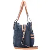A side view of a navy blue handbag with tan leather accents. Voir les images du produit