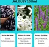 A collage of three images showing blackcurrants, white jasmine flowers, and purple lavender-like flowers, with text describing fragrance notes. Produktbild-Vorschau