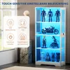 A white glass display cabinet filled with various figurines and a motorcycle, illuminated by blue LED lights. Náhled obrázku produktu