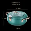 A teal colored pot with gold handles and lid, with dimensions and capacity indicated. Podgląd zdjęcia produktu