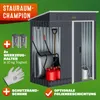 A garden shed with various tools and accessories displayed inside and around it, along with marketing text and icons. Anteprima dell’immagine prodotto