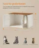 A diagram showing a cat litter box enclosure with dimensions and examples of different cat breeds. Produktbild-Vorschau