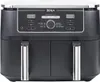 A front view of a black Ninja Foodi Max DualZone air fryer with a white top and silver handles. Produktbild-Vorschau