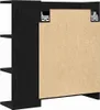 The back of a black oak-effect bathroom cabinet with shelves and mounting hardware is shown against a white background. Produktbild-Vorschau