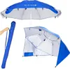 A collage of images showing a blue and white beach umbrella and a blue carrying bag. Anteprima dell’immagine prodotto