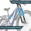 Close-up of an electric bicycle's front suspension system, highlighting its features with text overlays. Produktbild-Vorschau