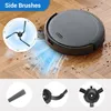 A robotic vacuum cleaner on a wooden floor, with a close-up of its side brushes and a diagram showing how they work. Náhled obrázku produktu