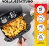 A hand is holding the basket of a black air fryer filled with french fries. The air fryer has control knobs on top. To the right, there are marketing icons describing features. Produktbild-Vorschau