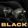 A pair of black and gold in-ear monitor headphones are displayed against a black, wavy background. The word "BLACK" is prominently displayed in large yellow letters at the bottom of the image. Produktbild-Vorschau