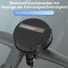 A close-up of a black Bluetooth speaker mounted on a bicycle handlebar, with a digital display showing red numbers. Produktbild-Vorschau
