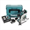 A Makita cordless circular saw kit is displayed on a white background, including the saw, two batteries, a charger, and a storage case. Produktbild-Vorschau