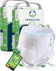 Two packages of adult diapers are shown, with one diaper prominently displayed in the foreground, partially submerged in water with leaves. Produktbild-Vorschau