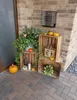 Decorative autumn display with pumpkins and wooden crates on a brick wall and paved ground. Produktbild-Vorschau