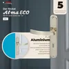 A marketing image for a nickel-finished door handle set, featuring product details and a guarantee. Produktbild-Vorschau