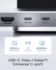 Close-up of the ports on a silver USB-C hub, with feature icons and text below. Produktbild-Vorschau