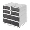A stack of white storage drawers with gray drawer fronts, showing dimensions. Podgląd zdjęcia produktu