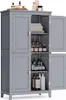 A gray bathroom cabinet with its doors open, displaying various bottles and towels on shelves. Produktbild-Vorschau