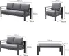 Diagrams showing the dimensions of a furniture set including a sofa, armchair, loveseat, and coffee table. Produktbild-Vorschau